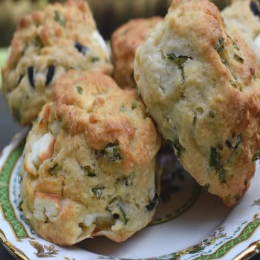 Wild Garlic Scones on a green patterned plate.